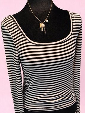 SHEIN Black & White Striped Long-Sleeve Scoop Neck Tee